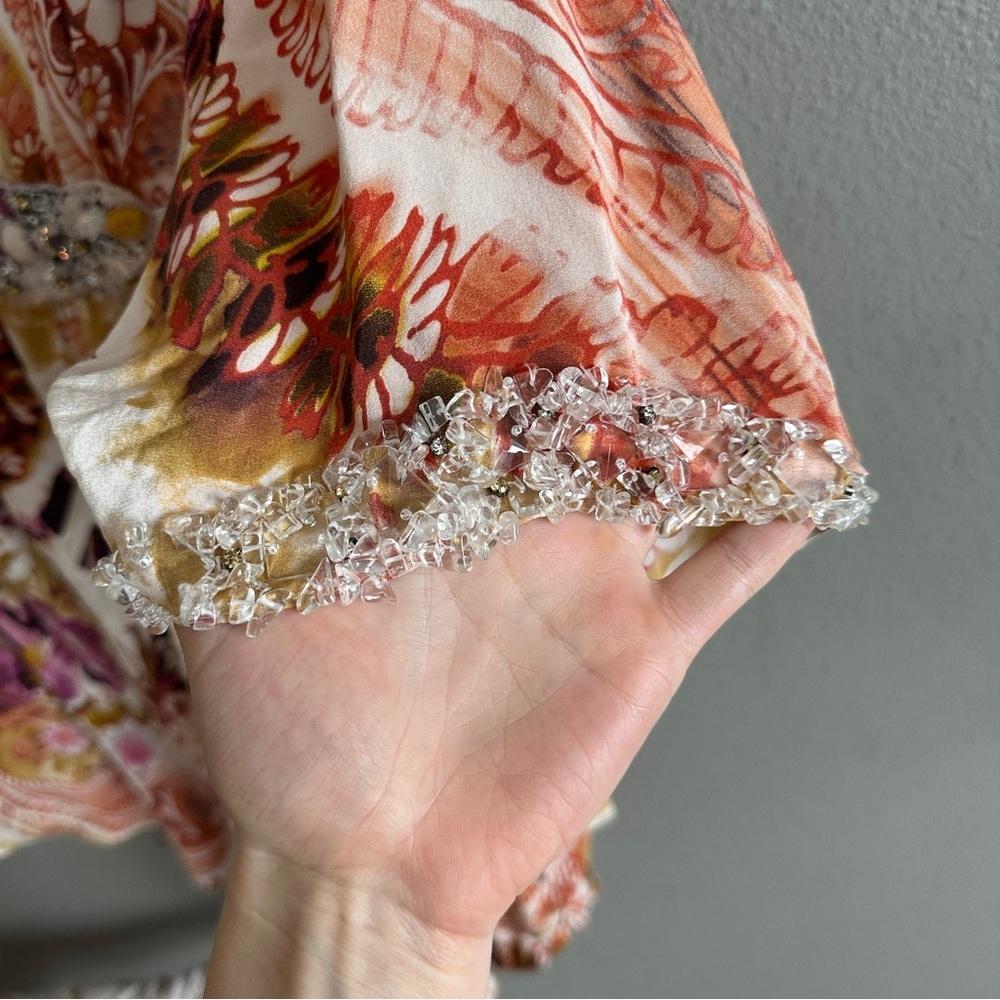 Badgley Mischka Silk Beaded Floral Kaftan Mini Dress Medium - Picture 8 of 16